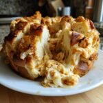 A close-up of cheesy Chicken Alfredo Monkey Bread being pulled apart, showing melted mozzarella stretching between the bread pieces.
