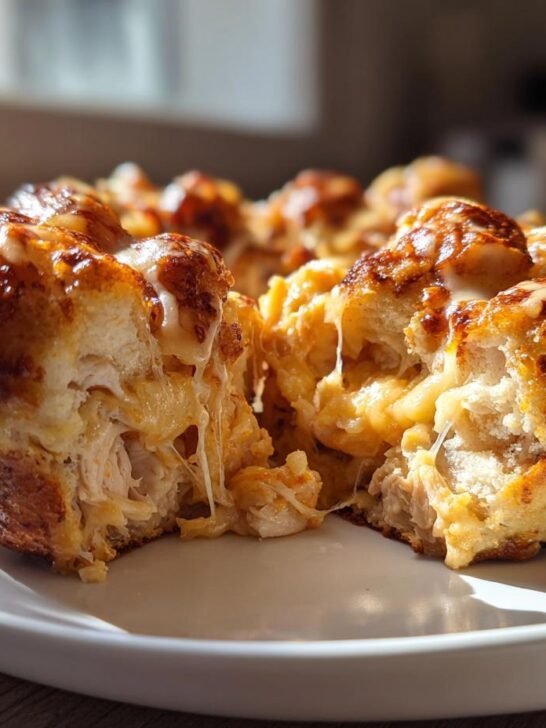 A pull-apart section of Chicken Alfredo Monkey Bread showing melted cheese and shredded chicken filling.