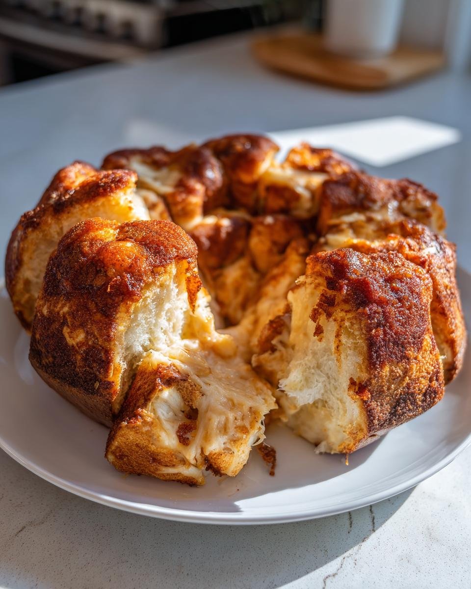 Close-up of cheesy, pull-apart Chicken Alfredo Monkey Bread broken open on a white plate.