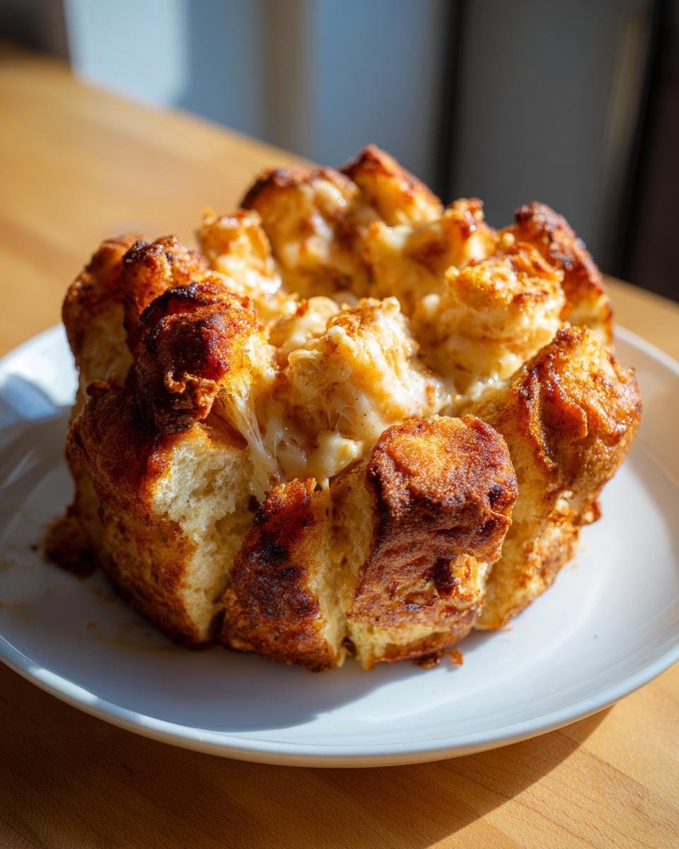 A golden-brown, freshly baked Chicken Alfredo Monkey Bread served on a white plate, showing cheesy pull-apart sections.