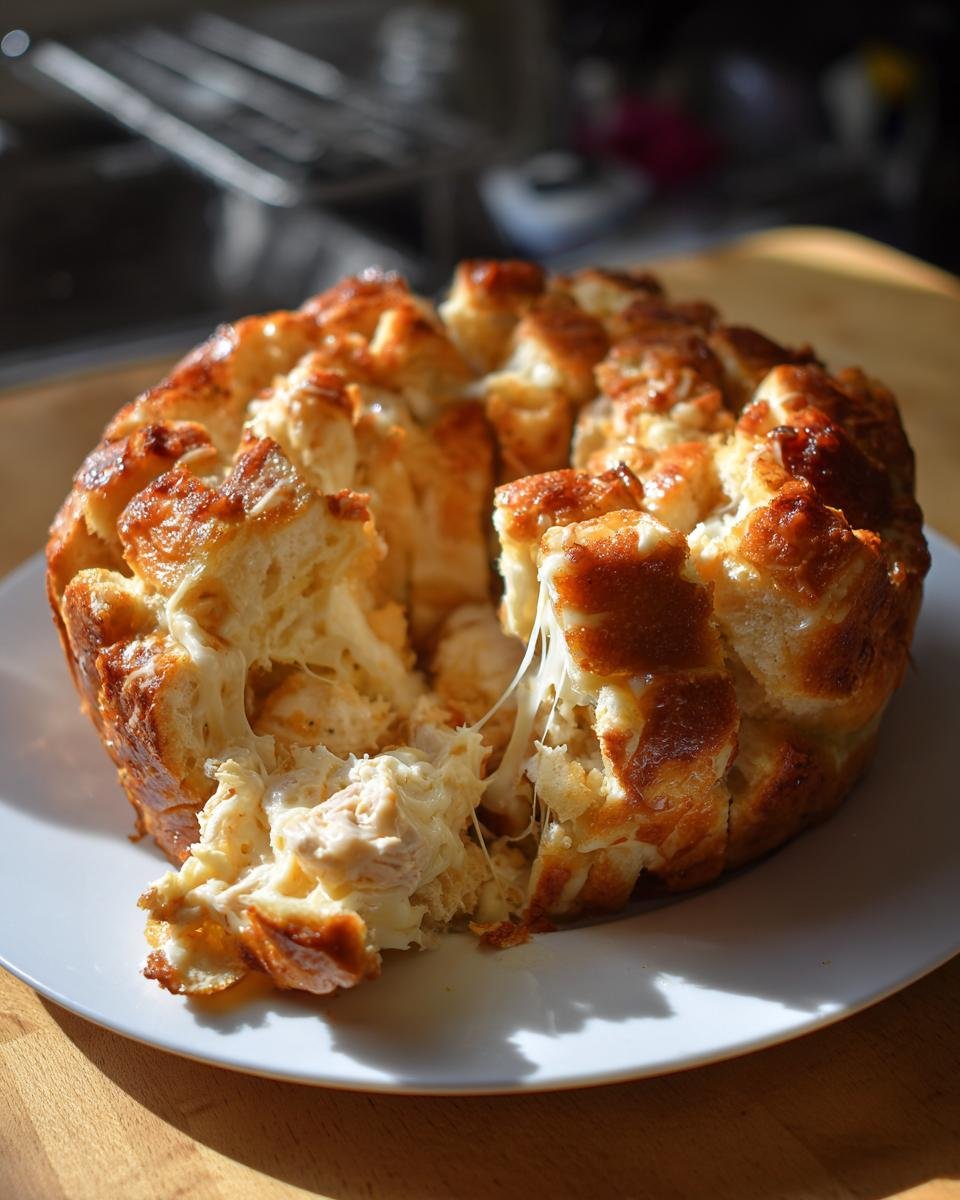 A golden-brown Chicken Alfredo Monkey Bread being pulled apart, showing gooey, melted cheese strings.