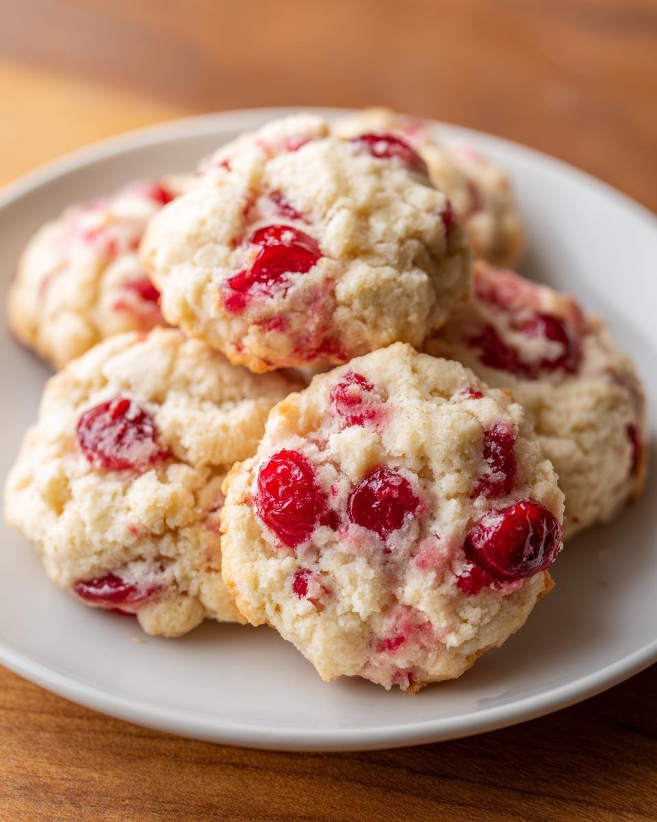 A close-up of several soft Christmas Maraschino Cherry Shortbread Cookies piled on a white plate.