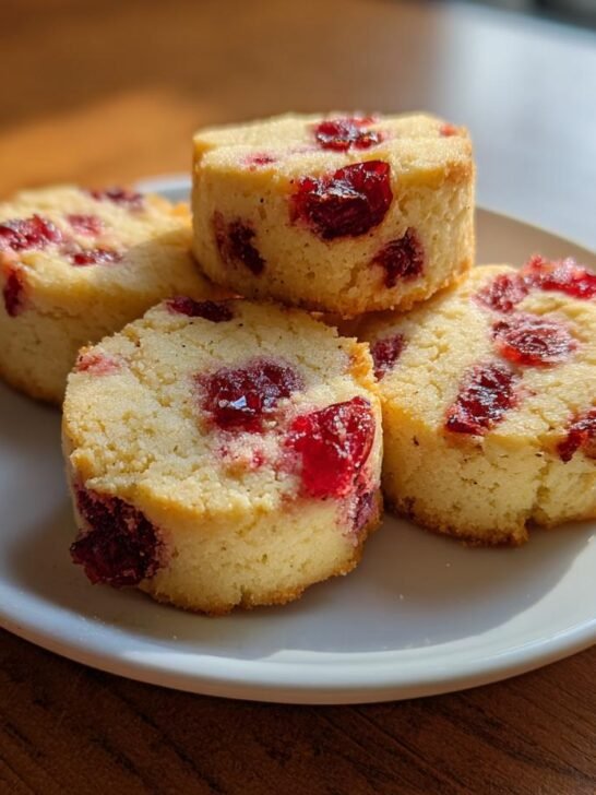 Four thick, round Christmas Maraschino Cherry Shortbread Cookies stacked slightly on a white plate.