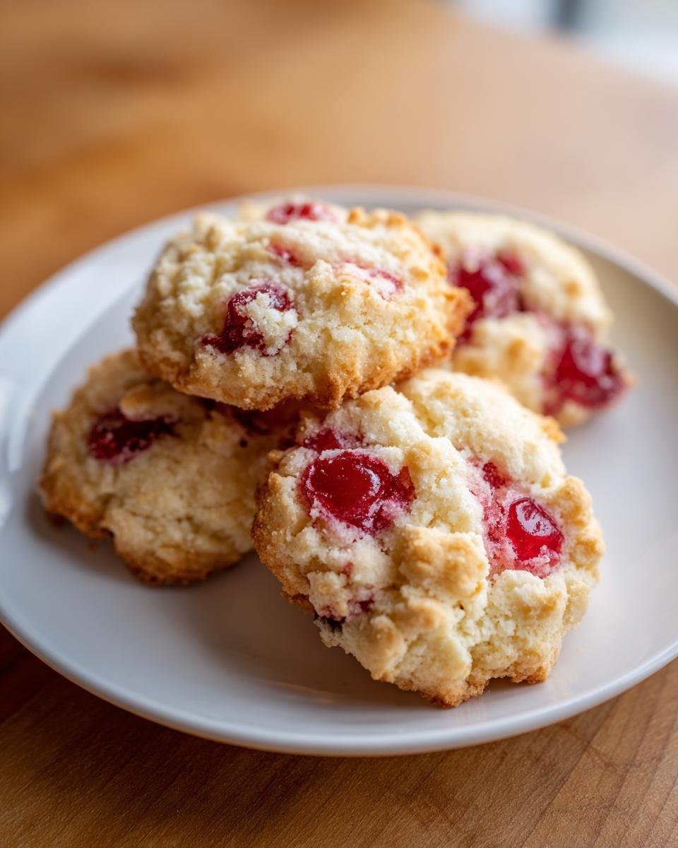 A stack of four crumbly Christmas Maraschino Cherry Shortbread Cookies with bright red cherries visible on a white plate.