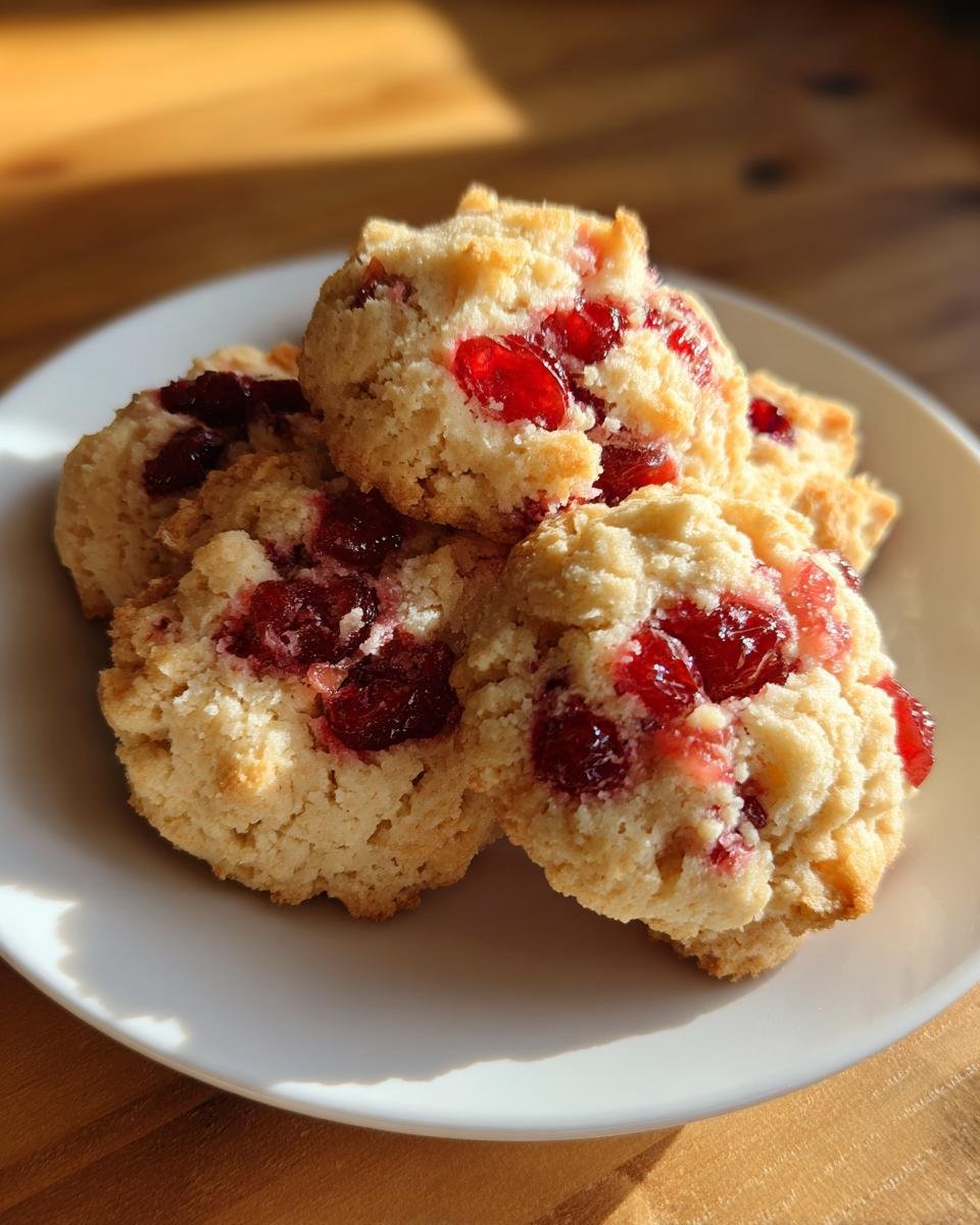 A stack of freshly baked Christmas Maraschino Cherry Shortbread Cookies with bright red cherries visible on a white plate.