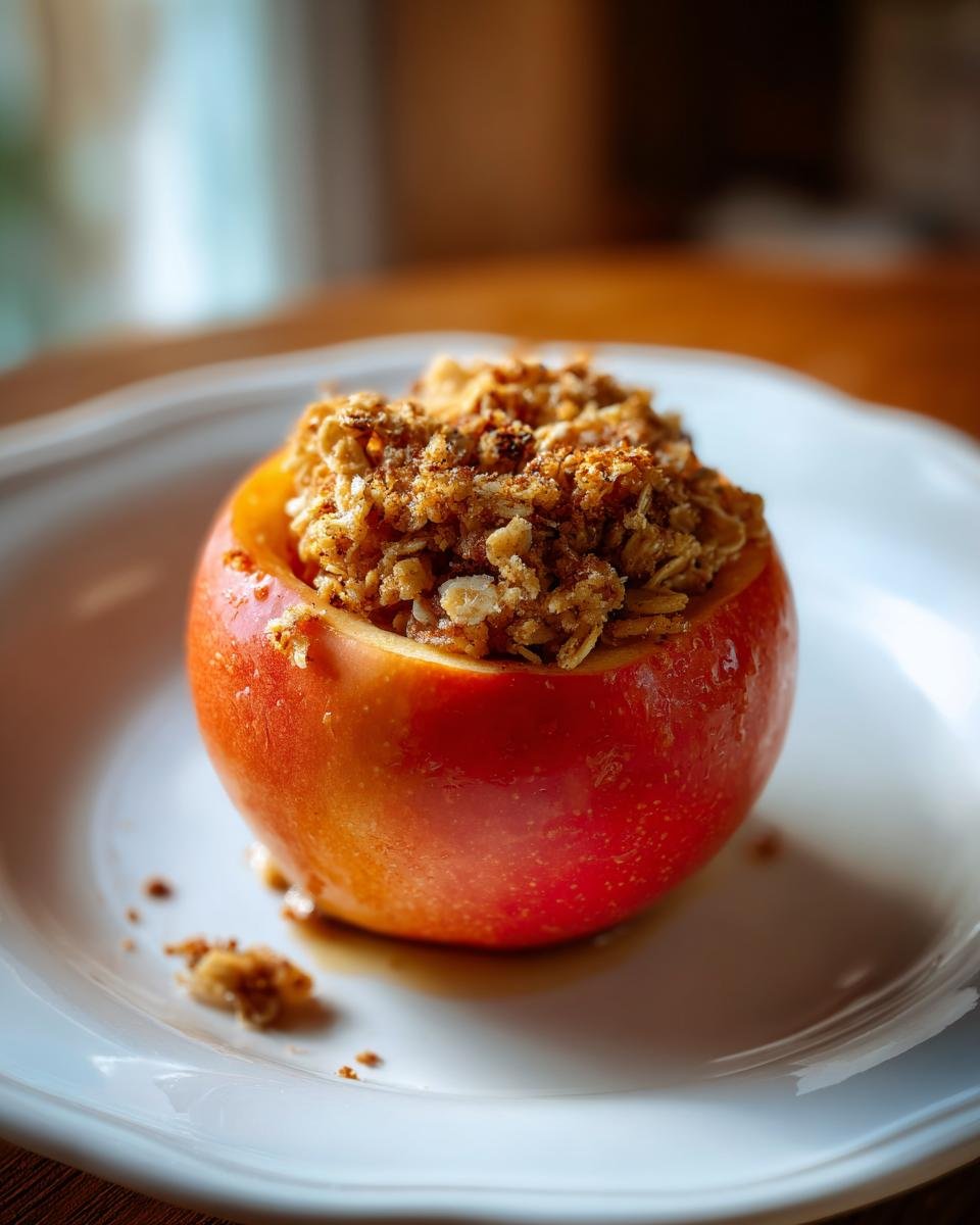 Close-up of a baked apple filled with oat crumble, representing a Cozy Fall Apple Delight.