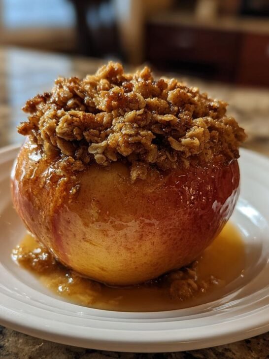 A single baked apple topped with a crunchy oat crumble, sitting in caramel sauce on a white plate.