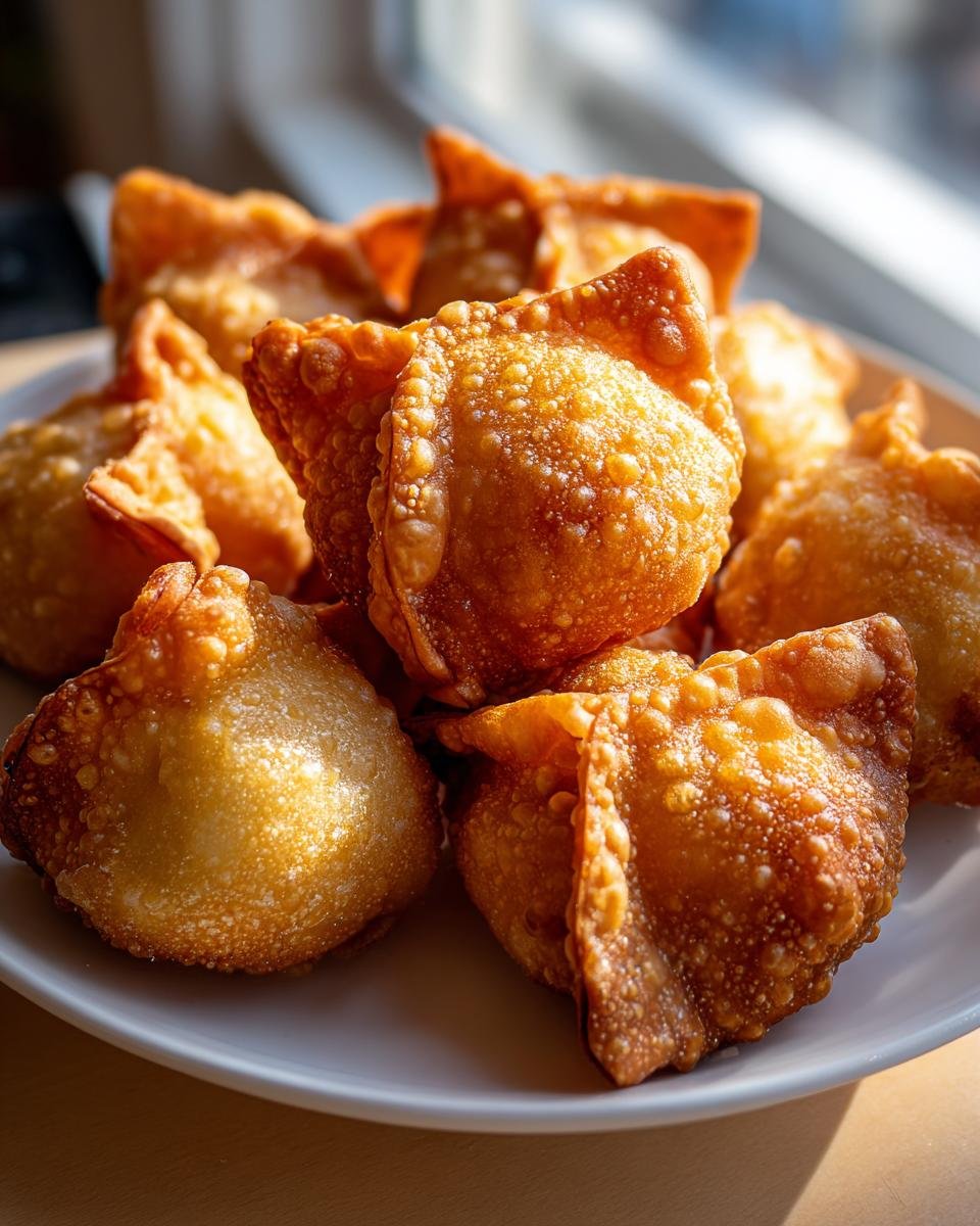 A close-up of several crispy, golden-brown Crab Rangoon Bombs piled high on a white plate.