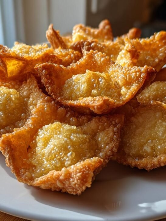 A pile of freshly fried, golden-brown Crab Rangoon Bombs with crispy, bubbly wonton wrappers served on a white plate.