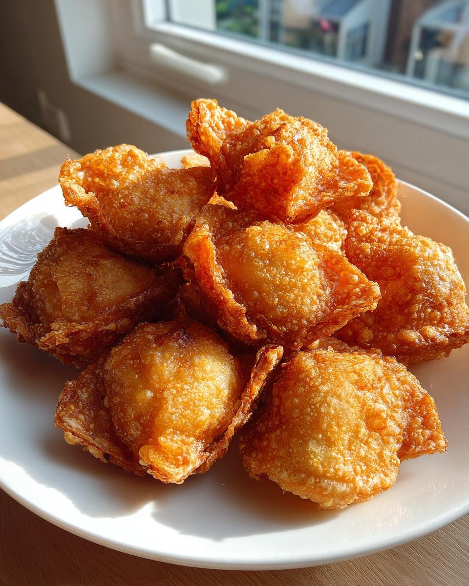 A pile of crispy, golden-brown Crab Rangoon Bombs stacked on a white plate near a sunlit window.