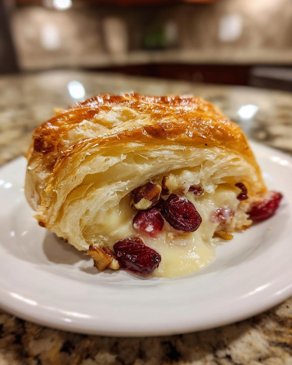 A cross-section showing melted brie cheese, dried cranberries, and pecans inside flaky puff pastry of Cranberry Pecan Brie.