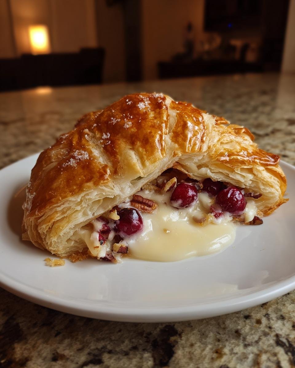 Close-up of a slice of Cranberry Pecan Brie in Flaky Puff Pastry with melted brie oozing out.