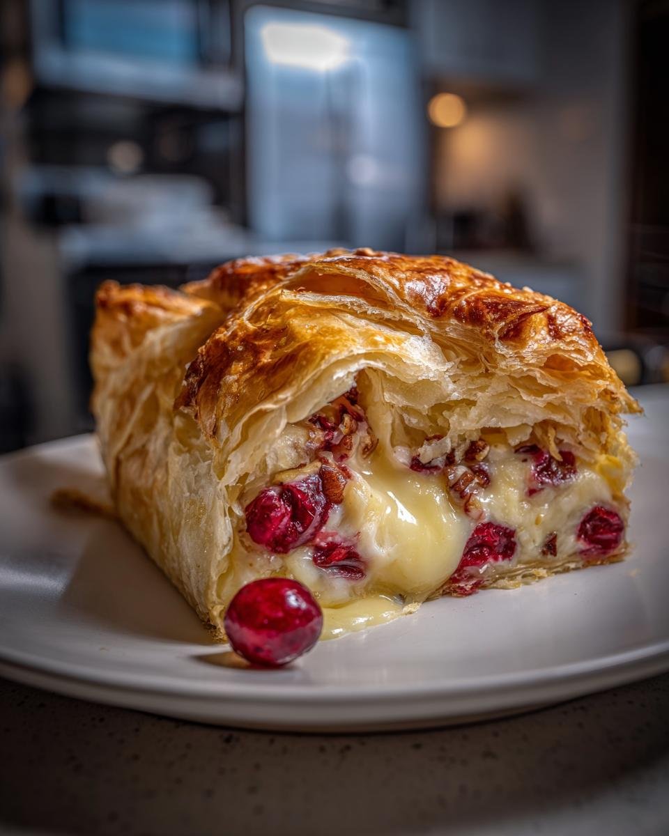 Cross-section of Cranberry Pecan Brie in Flaky Puff Pastry showing melted brie, cranberries, and pecans.