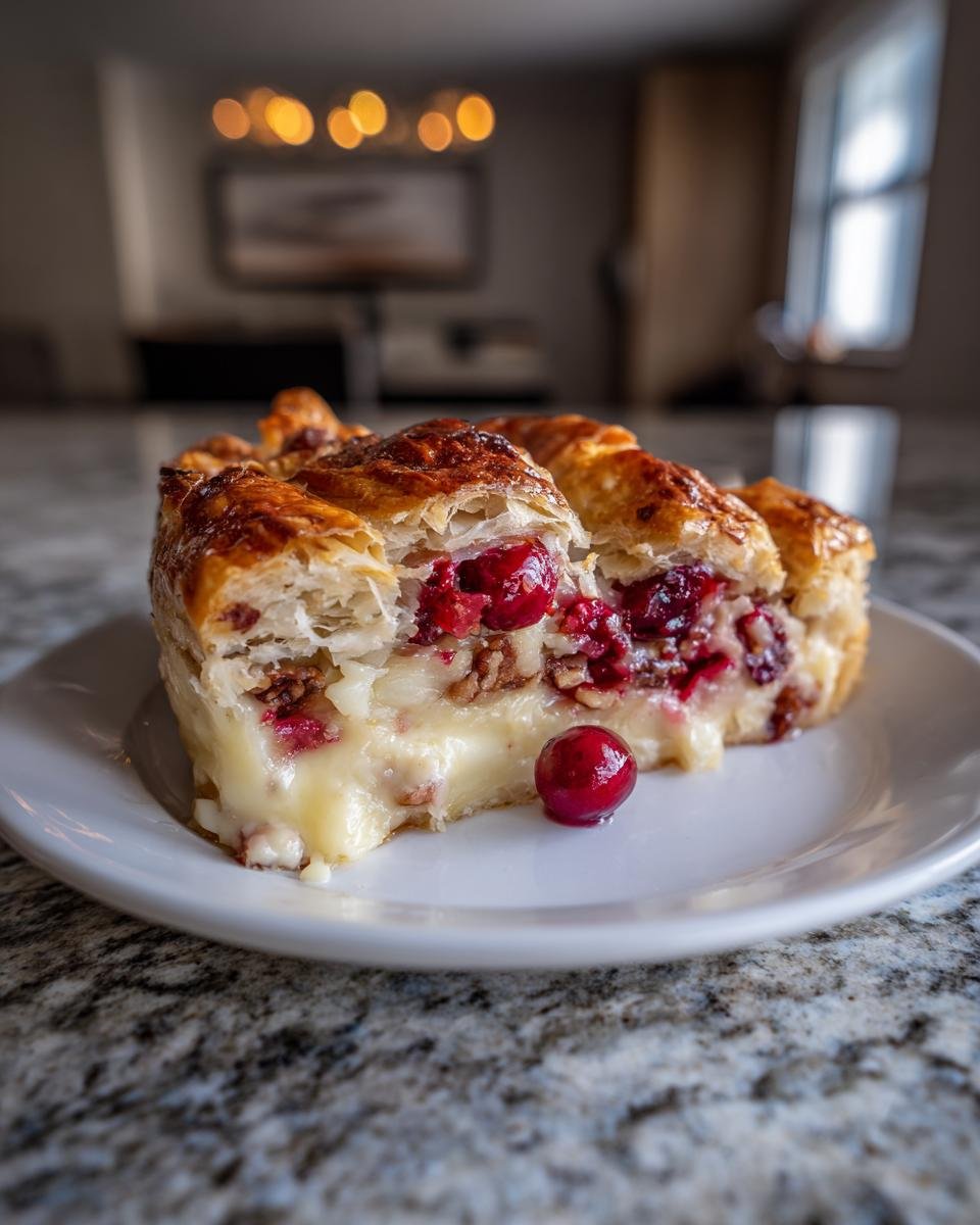 A cross-section slice of Cranberry Pecan Brie In Flaky Puff Pastry showing melted brie, cranberries, and pecans.