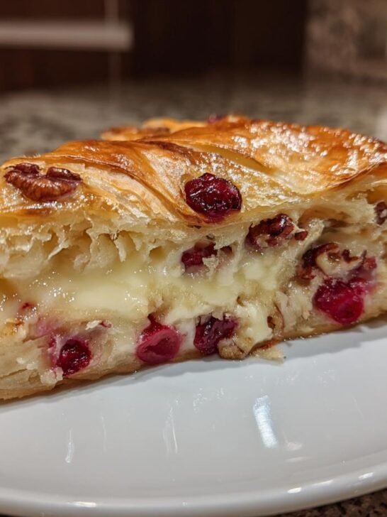 Close-up of a slice of Cranberry Pecan Brie in Flaky Puff Pastry showing melted brie, cranberries, and pecans.