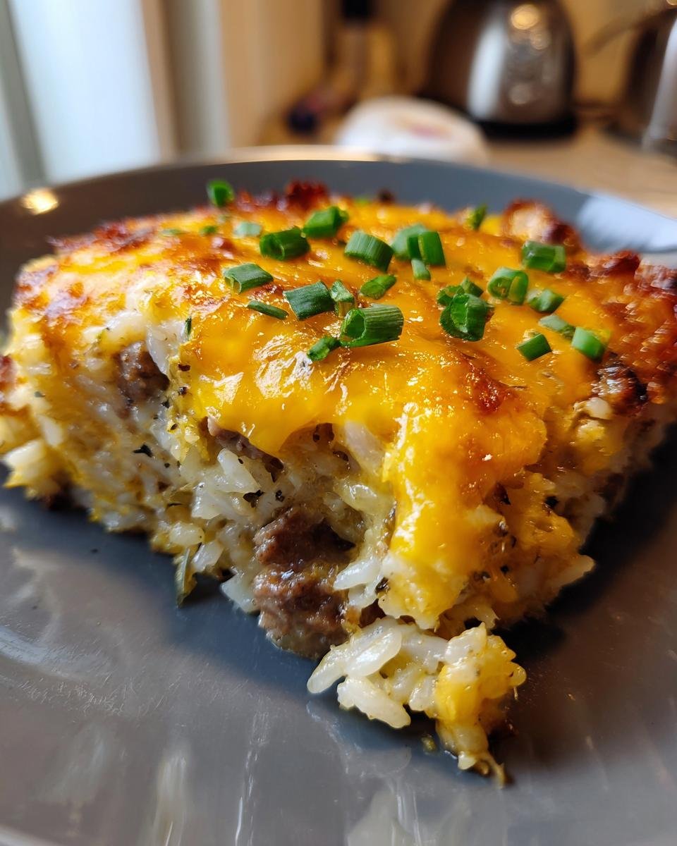 A close-up of a serving of Creamy Beef Mushroom Rice Bake topped with melted cheddar cheese and sliced green onions.
