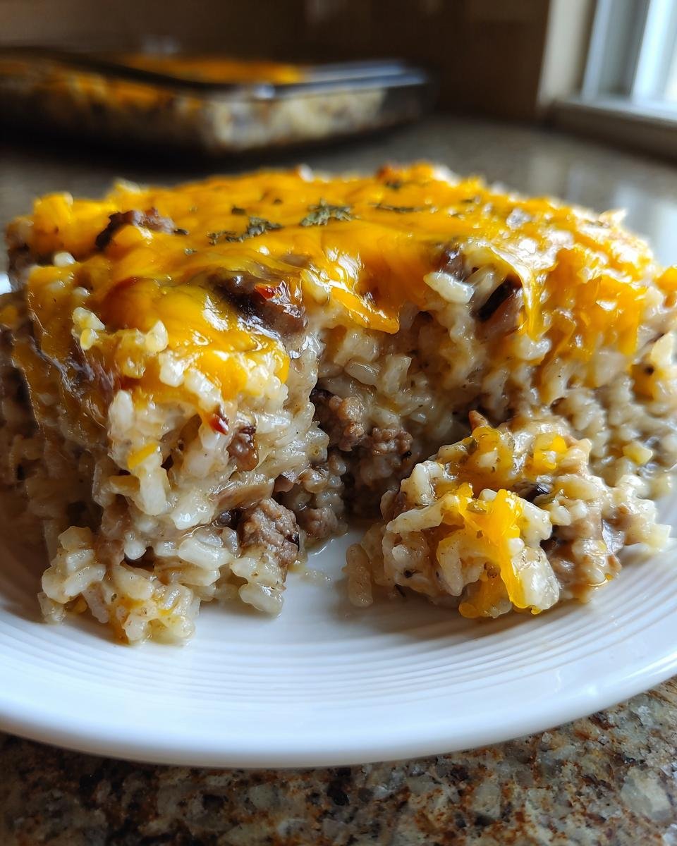 Close-up of a serving of Creamy Beef Mushroom Rice Bake topped with melted cheddar cheese on a white plate.