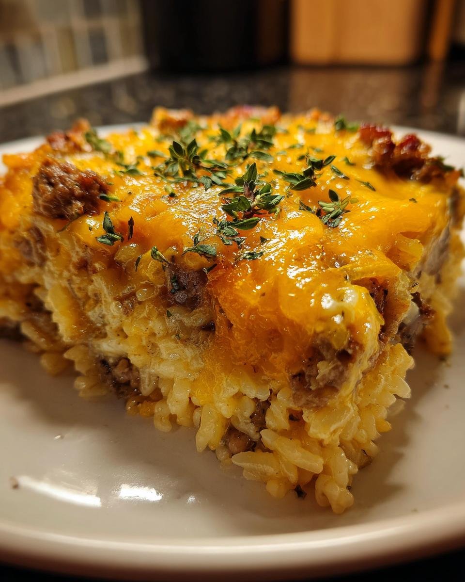 Close-up of a serving of Creamy Beef Mushroom Rice Bake topped with melted cheddar cheese and fresh thyme.