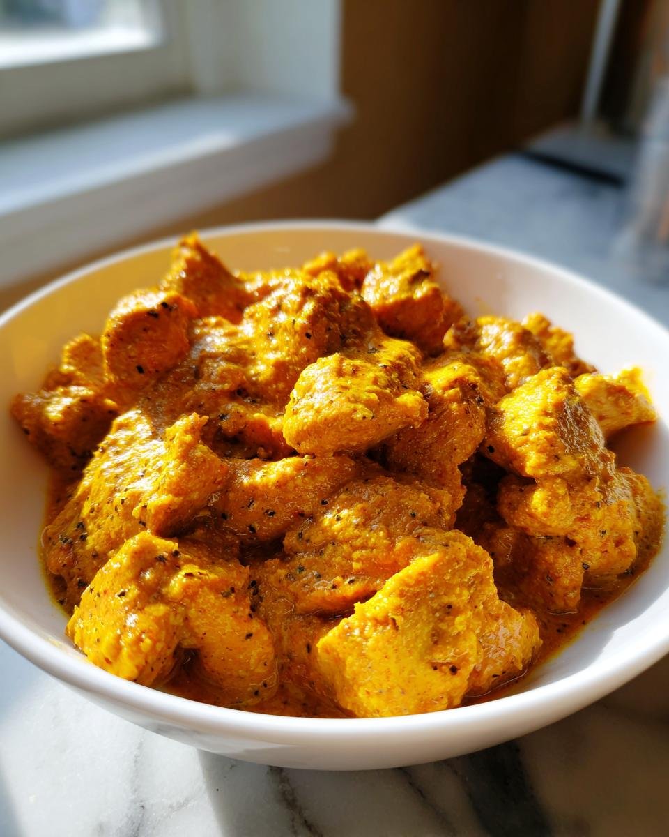 Close-up of tender chicken pieces coated in rich, orange sauce in a white bowl, showcasing the Creamy Butternut Squash Butter Chicken.