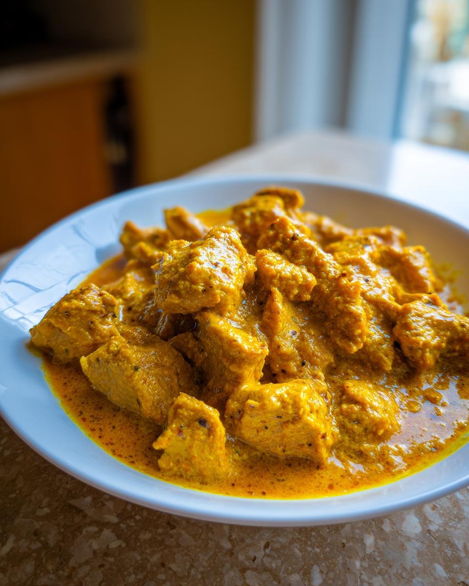 Close-up of tender chicken pieces coated in a rich, yellow sauce in a white bowl, showcasing the Creamy Butternut Squash Butter Chicken.