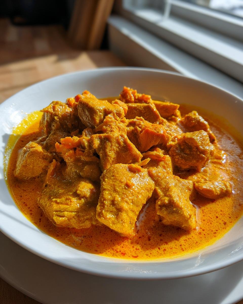 Close-up of creamy butternut squash butter chicken pieces in a rich orange sauce served in a white bowl.