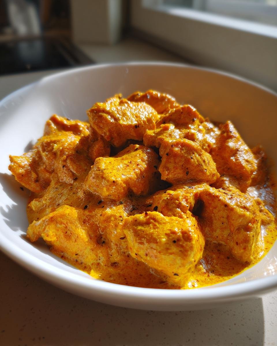 Close-up of tender chicken pieces coated in rich, orange sauce, ready to eat Creamy Butternut Squash Butter Chicken.