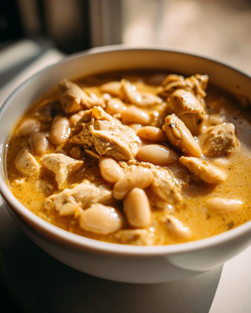 A close-up shot of a white bowl filled with creamy Cajun White Chicken Chili, featuring chunks of chicken and white beans.