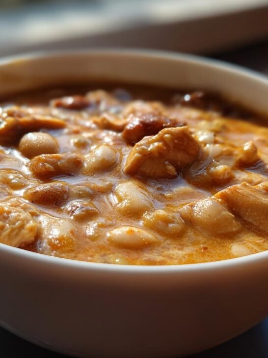 A close-up, brightly lit shot of a white bowl filled with creamy Cajun White Chicken Chili, showing chunks of chicken and white beans.