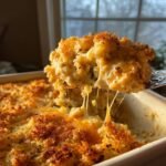 A spoonful of Creamy Chicken Spaghetti Bake showing extreme cheese pull and a golden, crispy topping.