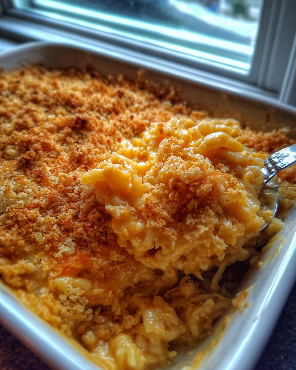 A spoonful being lifted from a baked dish of Creamy Chicken Spaghetti Bake showing the cheesy interior and crispy breadcrumb topping.