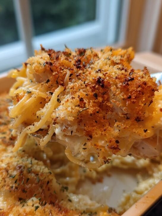 A fork lifts a serving of creamy chicken spaghetti bake topped with golden, crispy breadcrumbs from a white casserole dish.