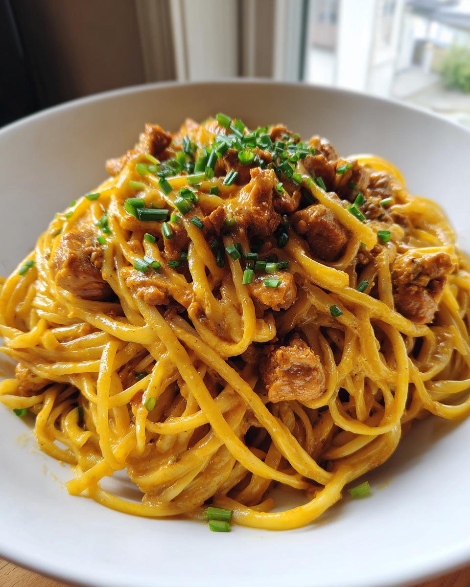 Close-up of a bowl filled with Creamy Cowboy Butter Chicken Linguine, topped with fresh chives.