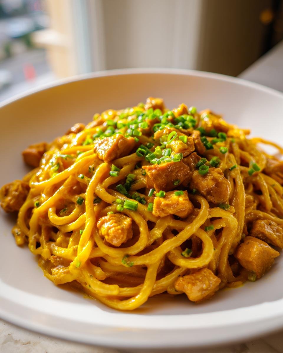 A close-up of Creamy Cowboy Butter Chicken Linguine coated in a rich, yellow sauce and topped with fresh chives.