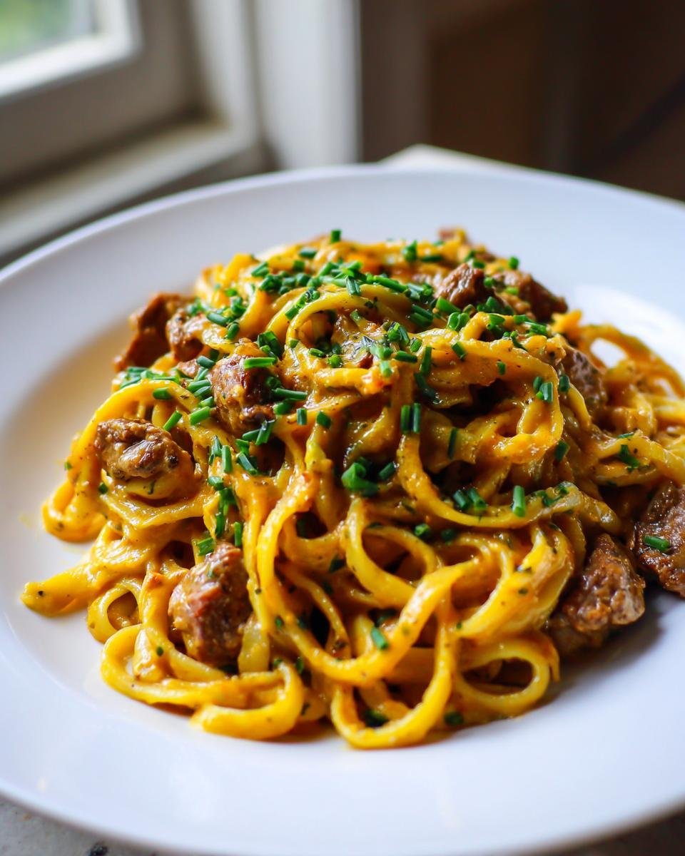 Close-up of a serving of Creamy Cowboy Butter Chicken Linguine tossed in a rich sauce and topped with fresh chives.