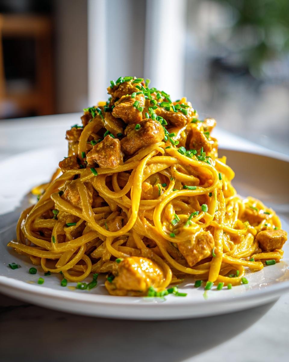 A tall mound of Creamy Cowboy Butter Chicken Linguine tossed in a rich yellow sauce and topped with chives.