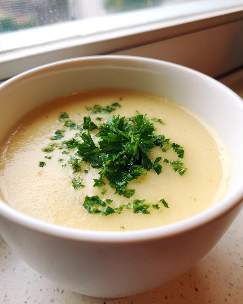 A close-up of a bowl of creamy French Garlic Soup topped with fresh chopped parsley.