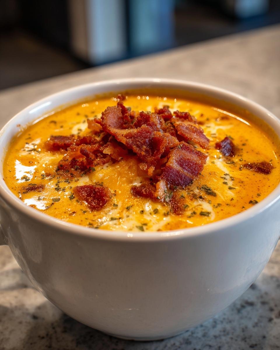 Close-up of creamy Jalapeno Popper Soup Bacon topped with crispy bacon bits and herbs in a white bowl.