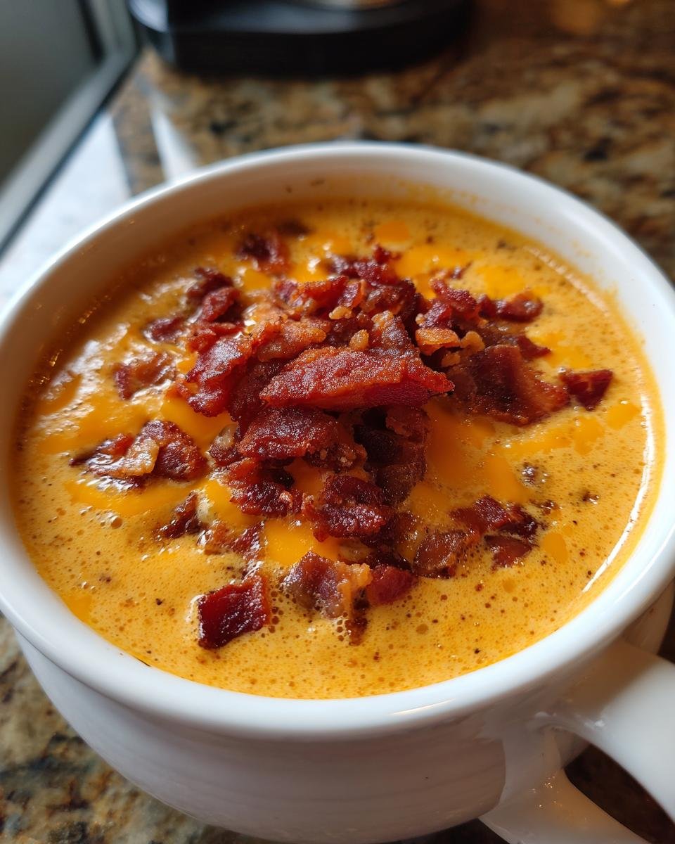 A close-up of creamy, orange Jalapeno Popper Soup Bacon topped generously with crispy bacon bits.