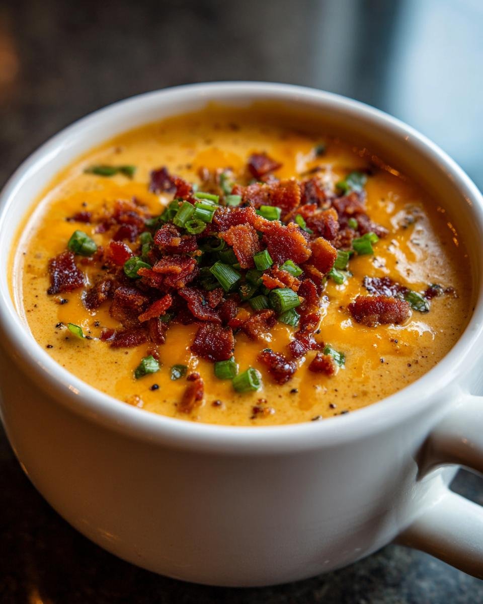 Close-up of creamy orange Jalapeno Popper Soup Bacon topped generously with crumbled bacon and green onions.