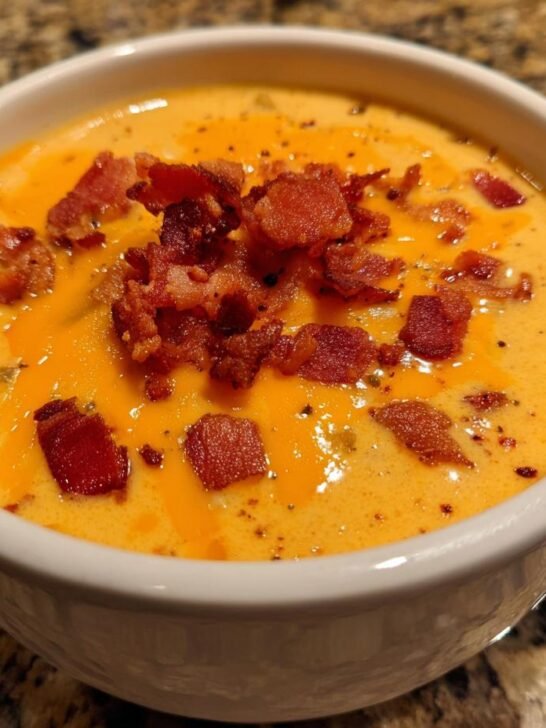 Close-up of a bowl of creamy Jalapeno Popper Soup Bacon topped generously with crispy bacon bits.