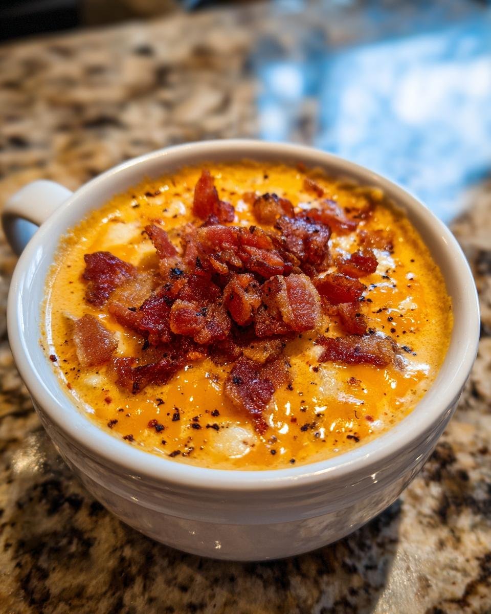 A close-up of creamy Jalapeno Popper Soup Bacon topped generously with crispy bacon bits and black pepper.