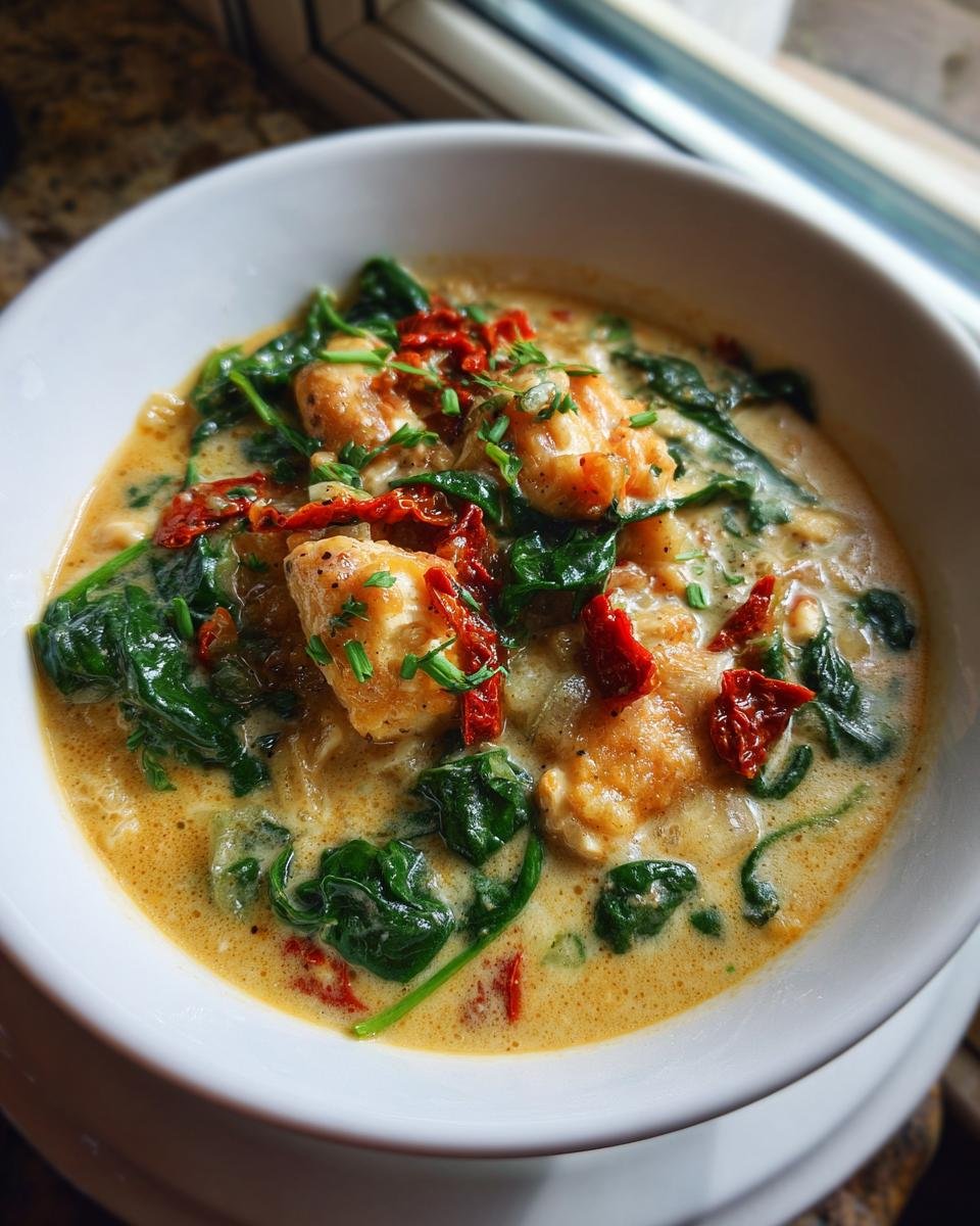 Close-up of a rich, creamy Marry Me Chicken Soup featuring chunks of chicken, wilted spinach, and sun-dried tomatoes.
