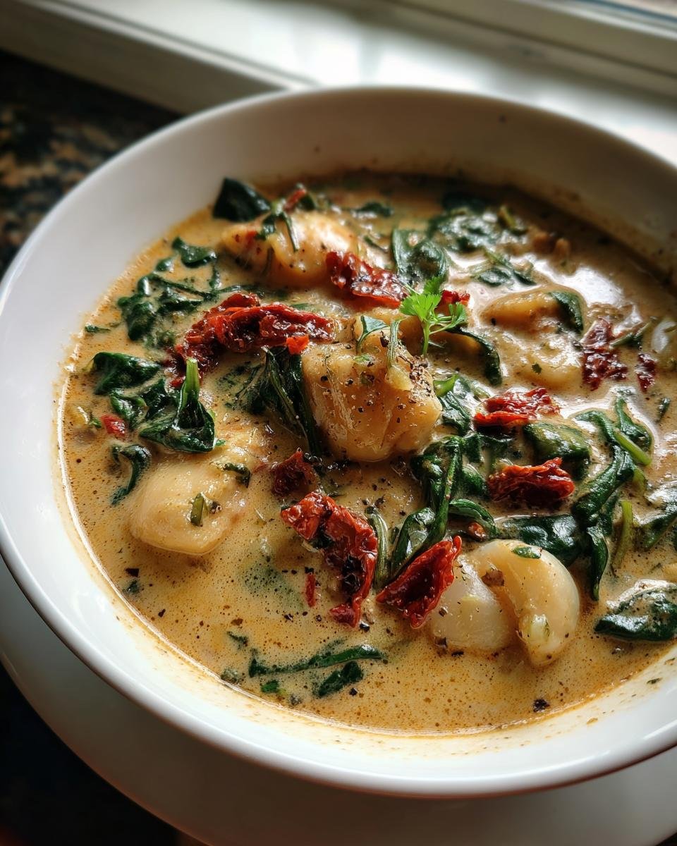 Close-up of creamy Marry Me Chicken Soup featuring chicken pieces, spinach, and sun-dried tomatoes.