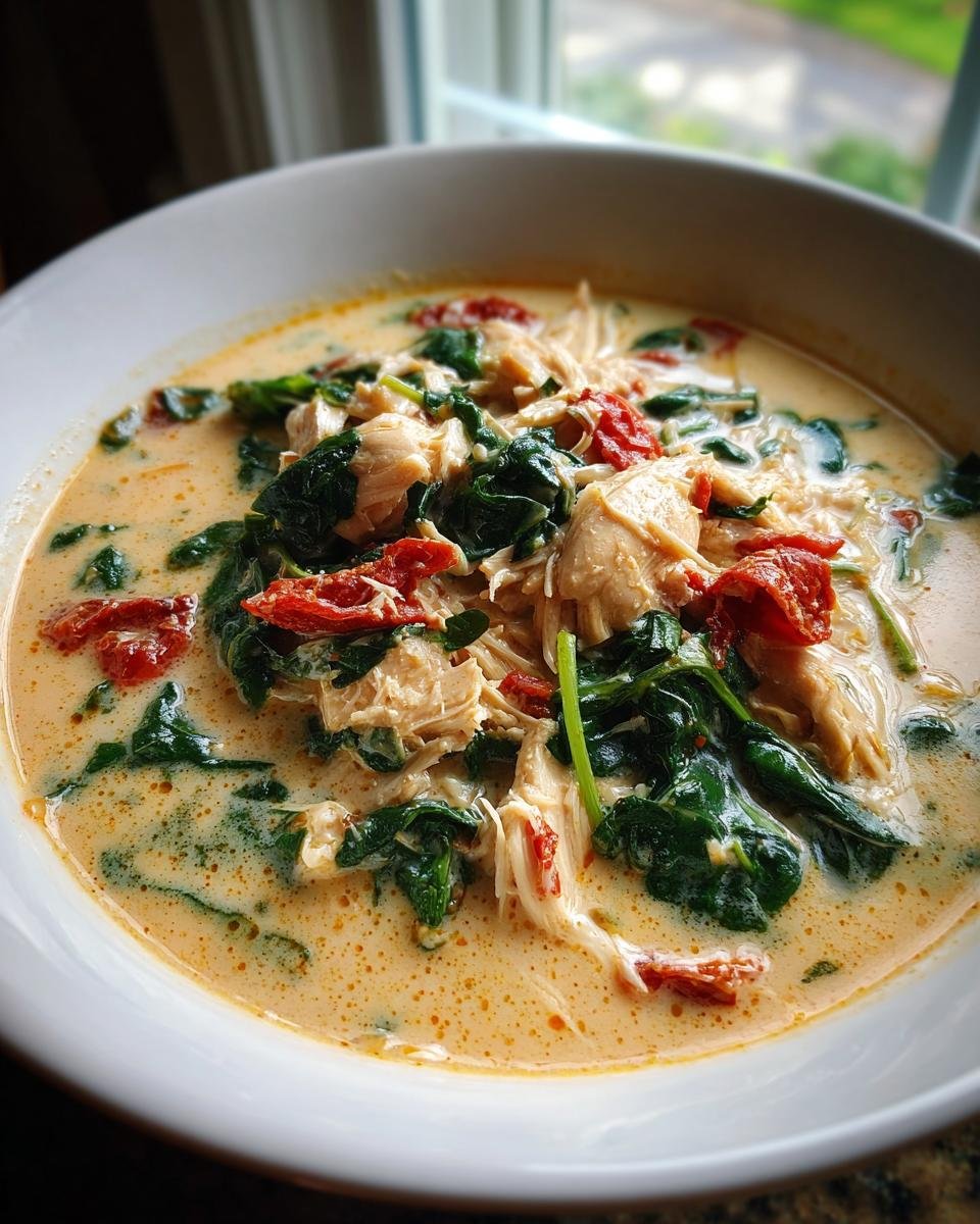 A close-up of a bowl of rich Marry Me Chicken Soup filled with shredded chicken, wilted spinach, and sun-dried tomatoes.