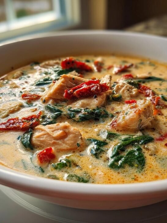 Close-up of a bowl of creamy Marry Me Chicken Soup with chunks of chicken, spinach, and sun-dried tomatoes.