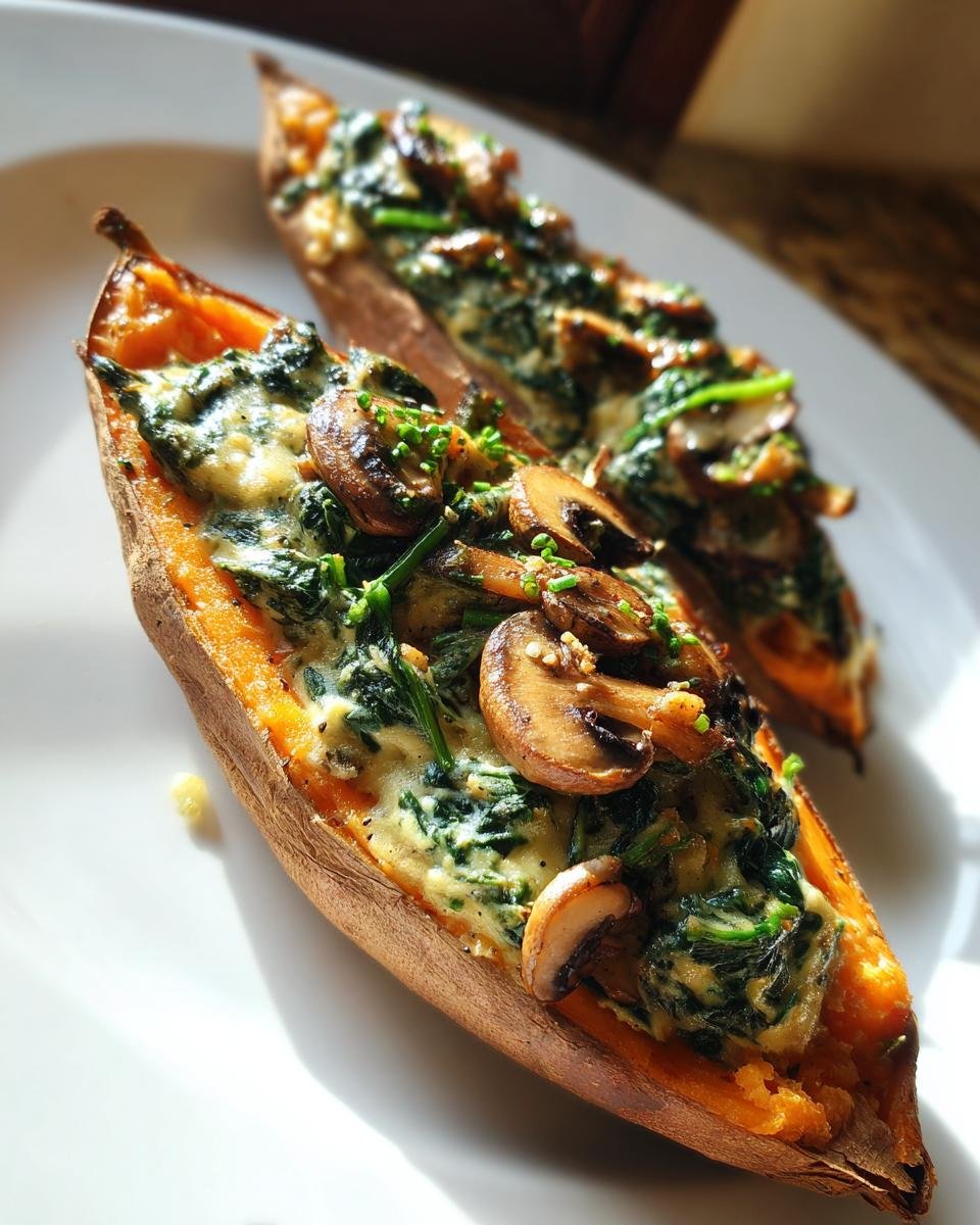 Two halves of baked sweet potatoes stuffed with creamy spinach and saut&eacute;ed mushrooms, ready to eat.