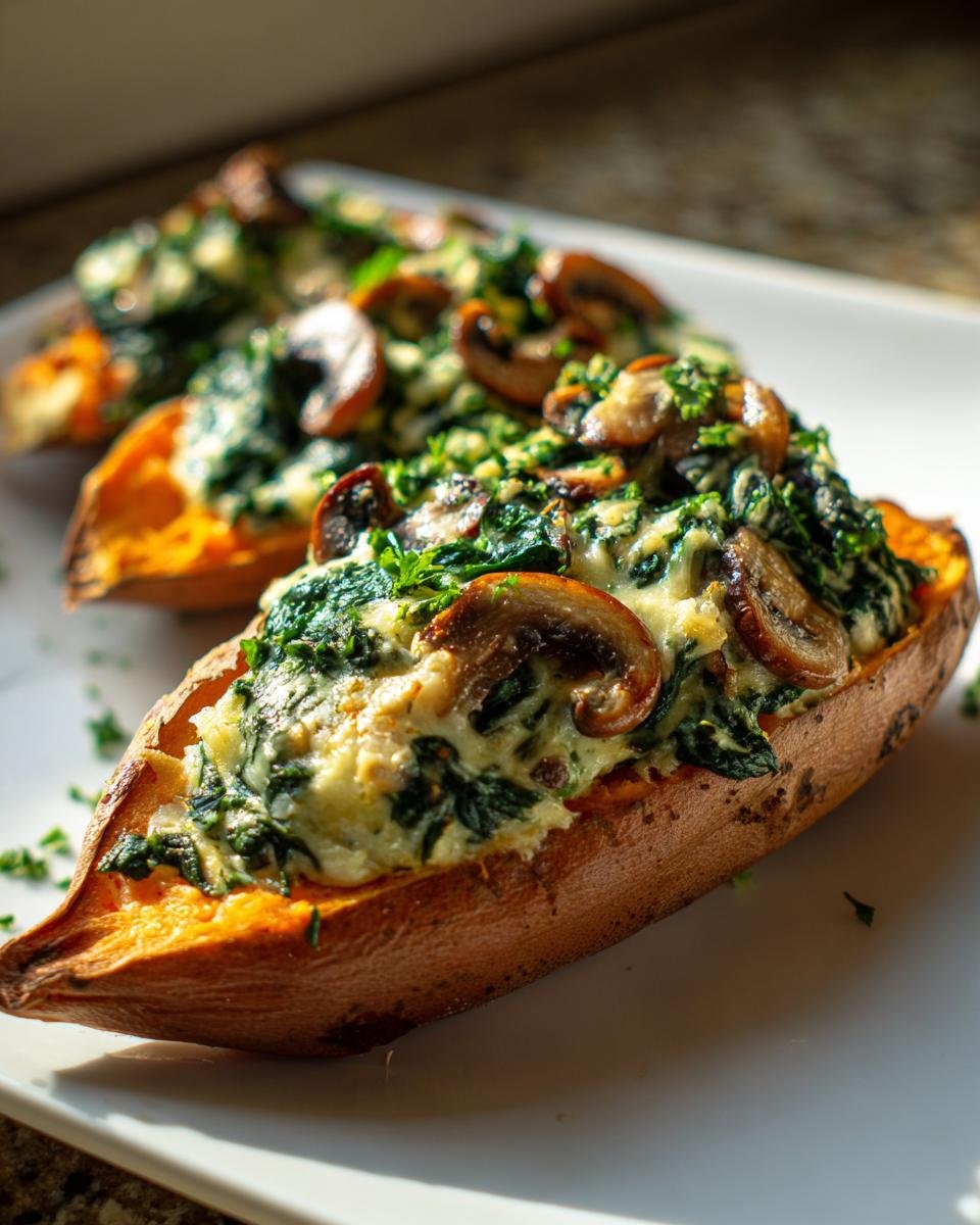 Close-up of a baked sweet potato halved and filled with creamy mushroom and spinach stuffing.