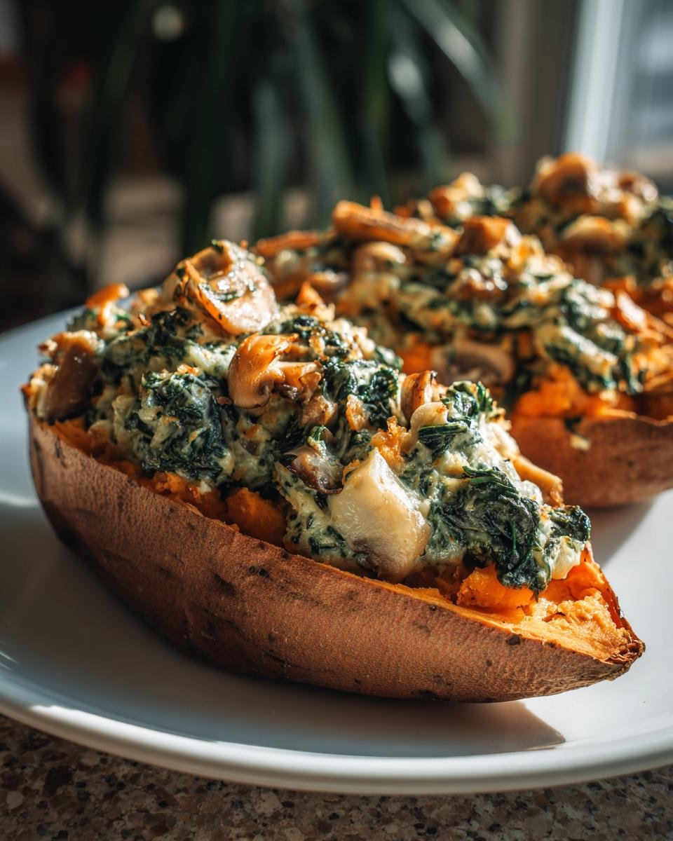Close-up of a baked sweet potato halved and generously filled with creamy mushroom and spinach stuffing.