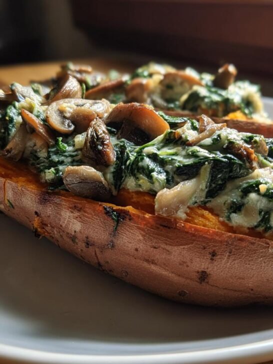 A baked sweet potato halved and generously filled with creamy mushroom and spinach mixture.