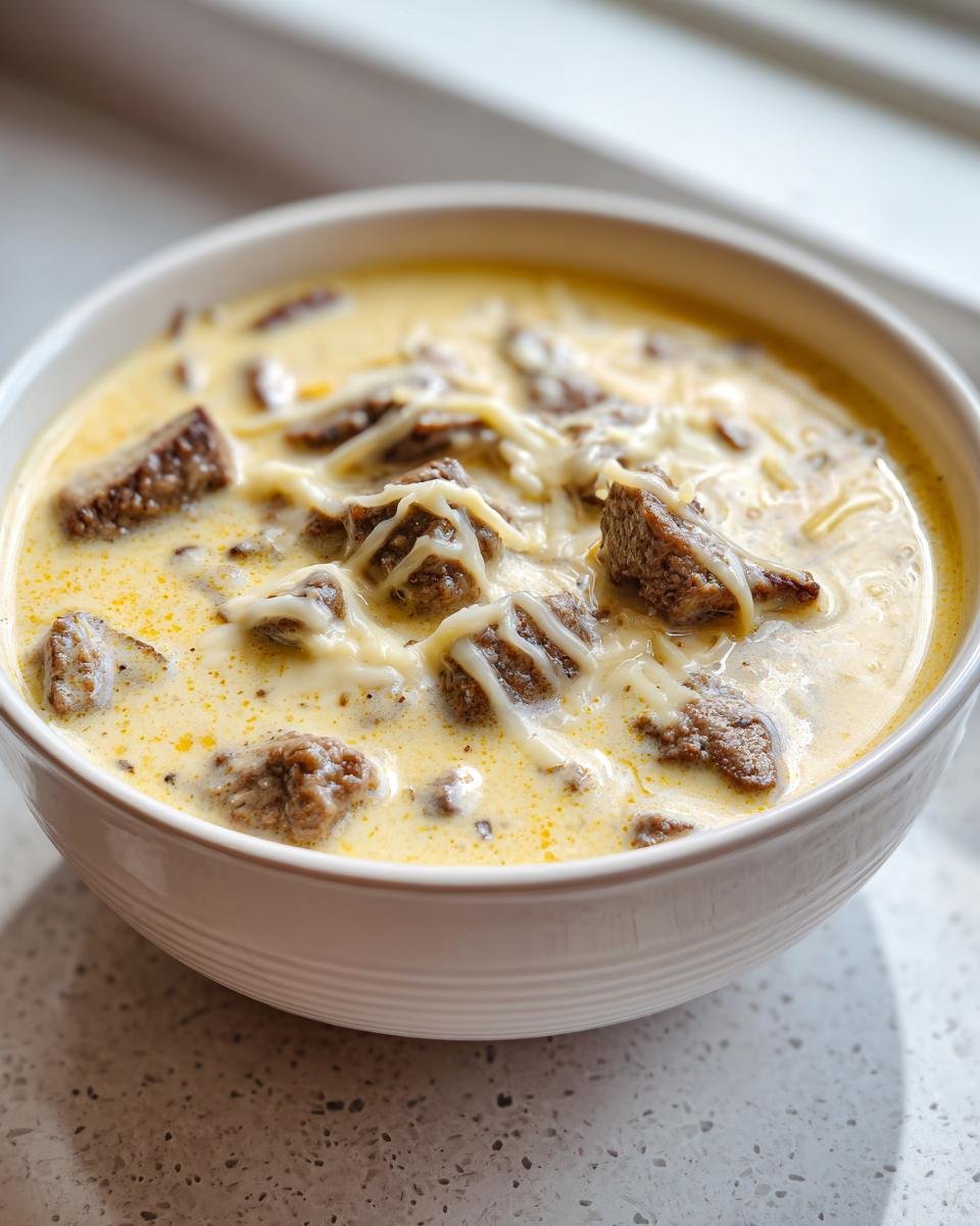 Close-up of a white bowl filled with rich, creamy Philly Cheese Steak Soup, topped with melted cheese and chunks of steak.